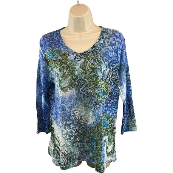 Kaktus Women's Top Size Large Studded Blue 3/4 Sleeve Shirt V-Neck Lightweight - Picture 1 of 8